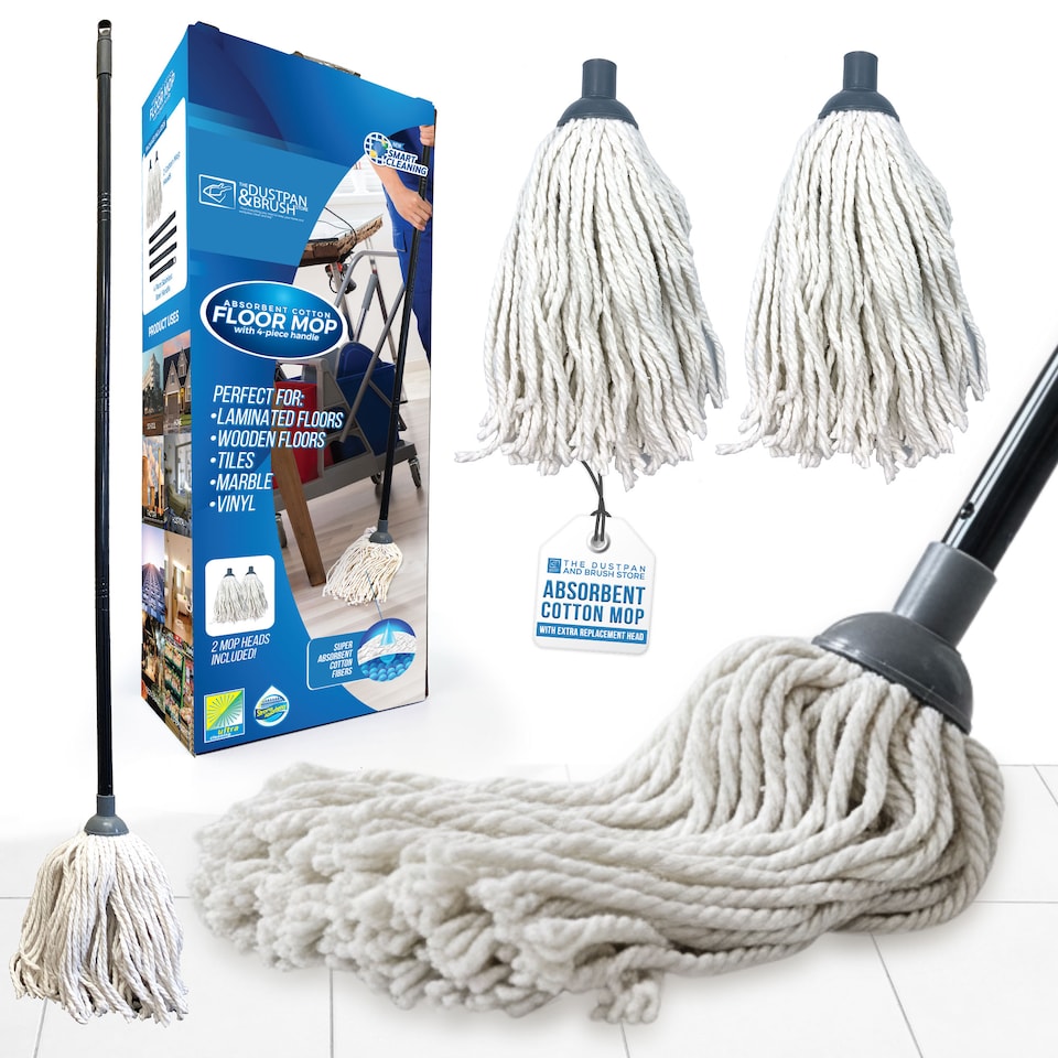 image 1 of Highly Absorbent Cotton Floor Mop Set Traditional String Mop with Extra Replacement Head