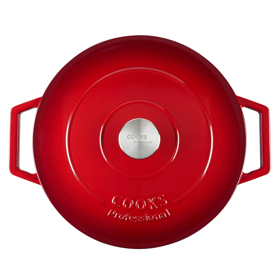 image 1 of Cooks Professional Cast Iron Casserole 28cm Shallow | 4.3L Capacity | Enamelled Inside & Out | Graduated Red