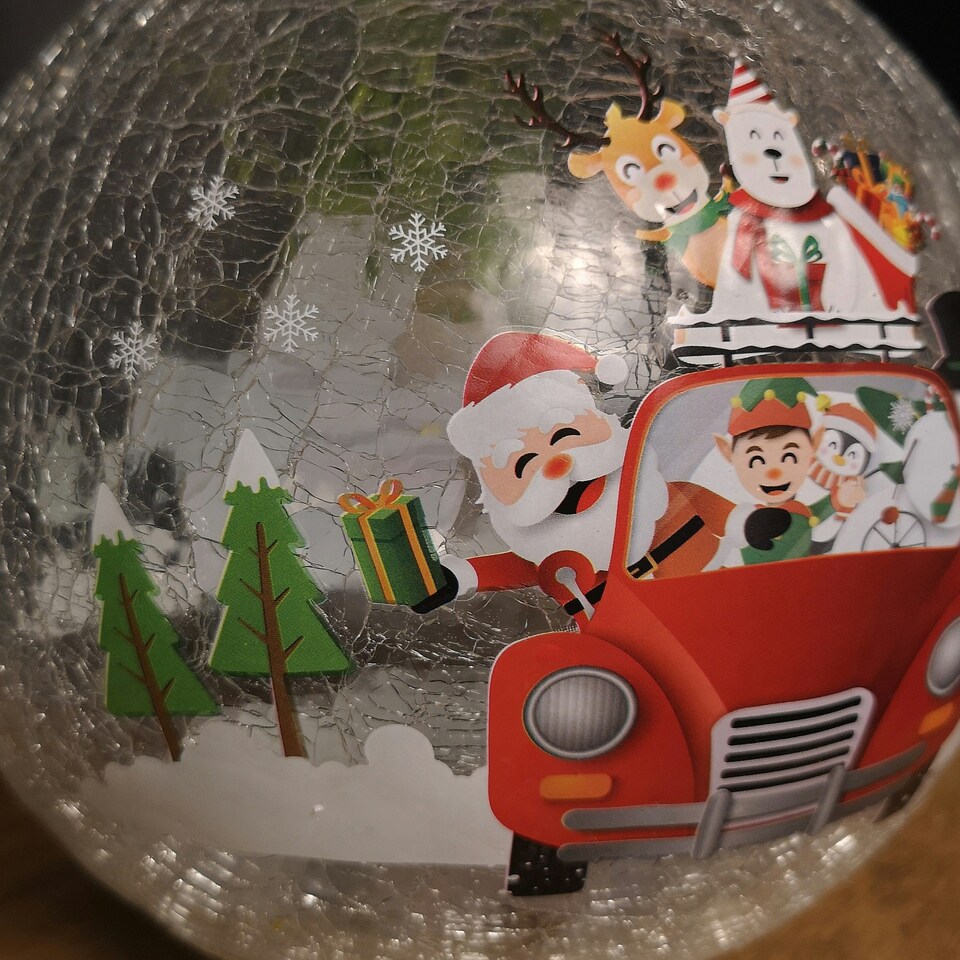 image 1 of 20cm Battery Operated Twinkling Warm White LED Crackle Effect Ball Decoration with Santa and Friends in Car