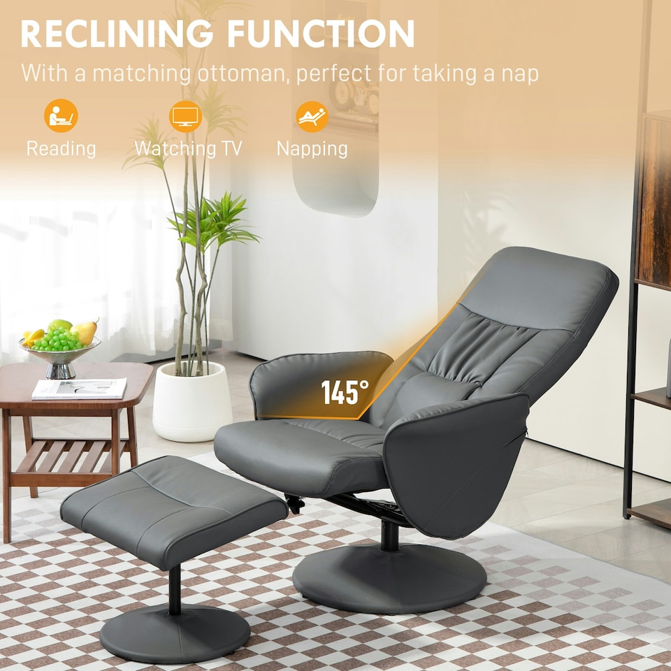 image 1 of HOMCOM PU Leather Armchair and Footrest Swivel Recliner Grey
