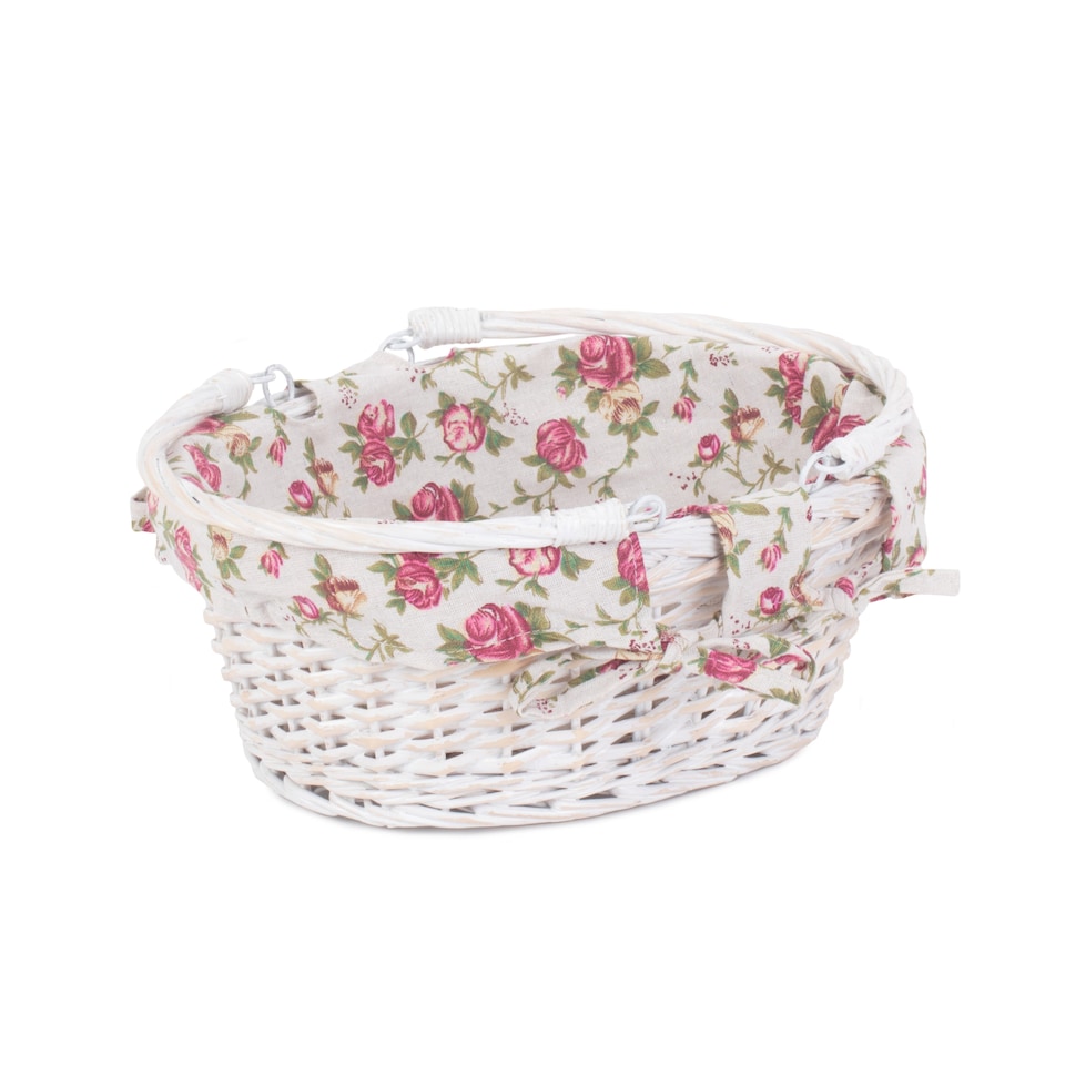 image 1 of Small White Swing Handle Wicker Shopper with Garden Rose Lining | Multi | Garden Rose