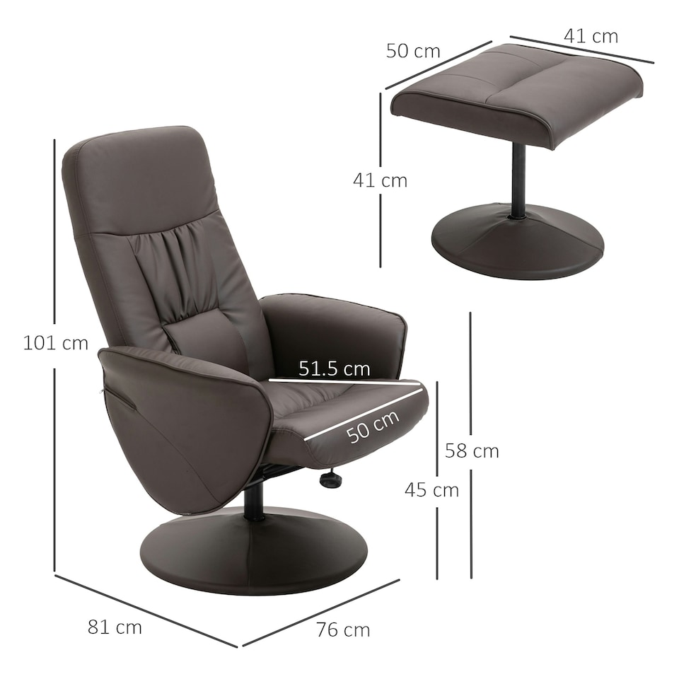 image 1 of HOMCOM PU Leather 2 Pcs Reclining Armchair w/ Ottoman 360° Swivel Brown