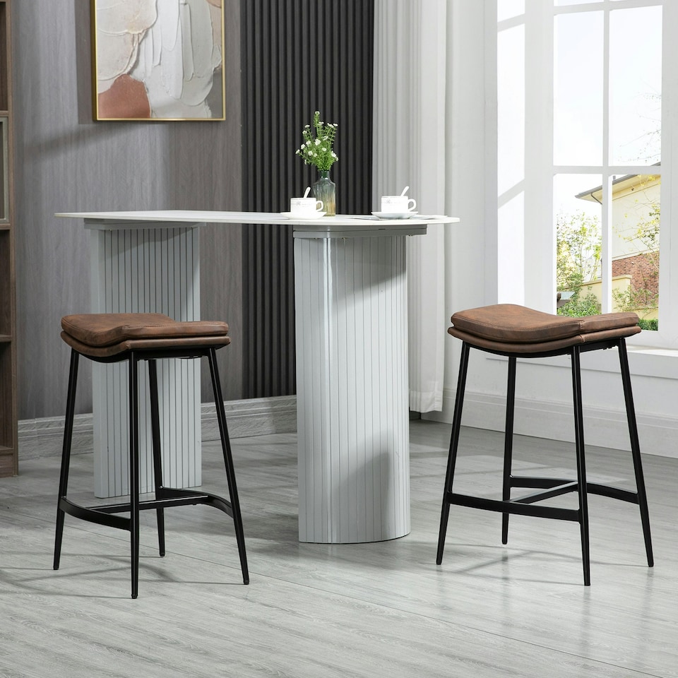 image 1 of HOMCOM Breakfast Bar Stools Set of 2 Upholstered Barstools w/ Curved Seat Brown