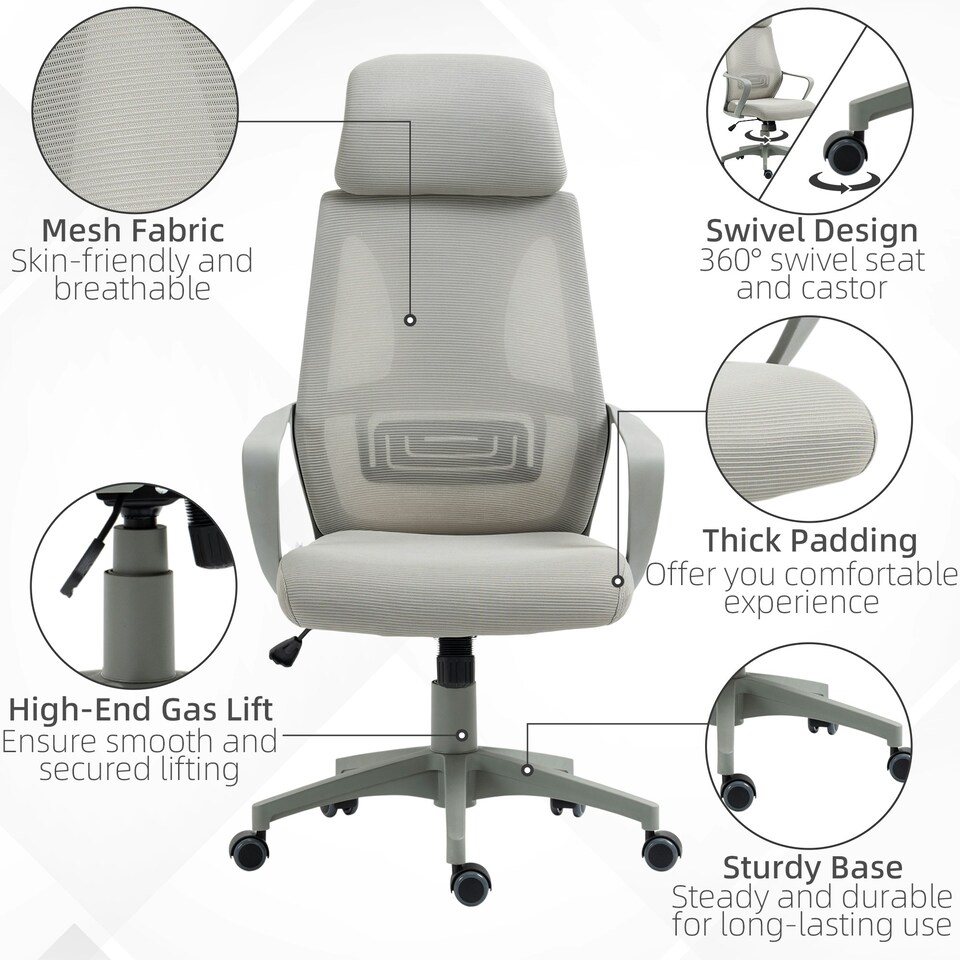 image 1 of Vinsetto Mesh Back Office Chair w/ Adjustable Height Padded Headrest Grey
