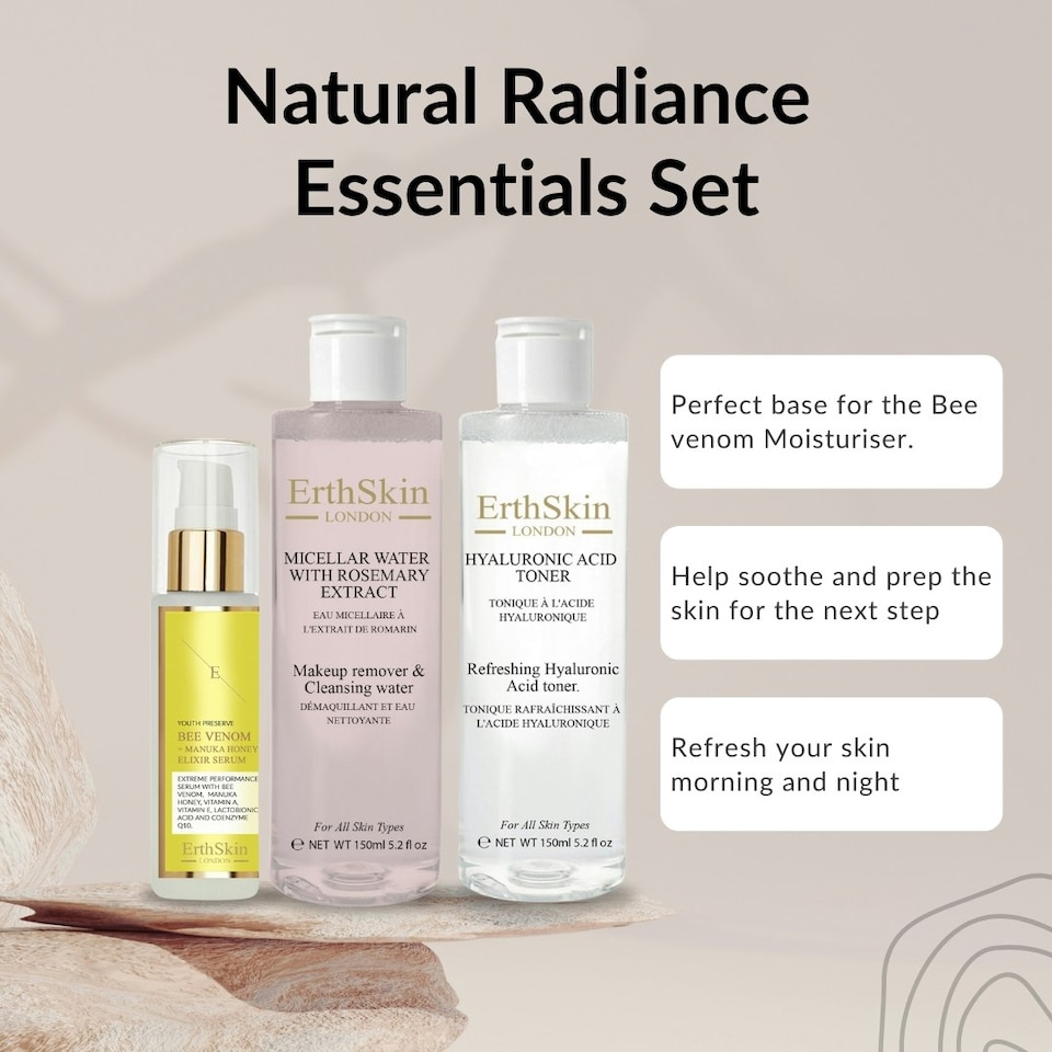image 1 of Micellar Water with Rosemary Extract 150ml+ Refreshing Hyaluronic Acid Toner 150ml+ Bee Venom + Manuka Honey Elixir Serum 60ml