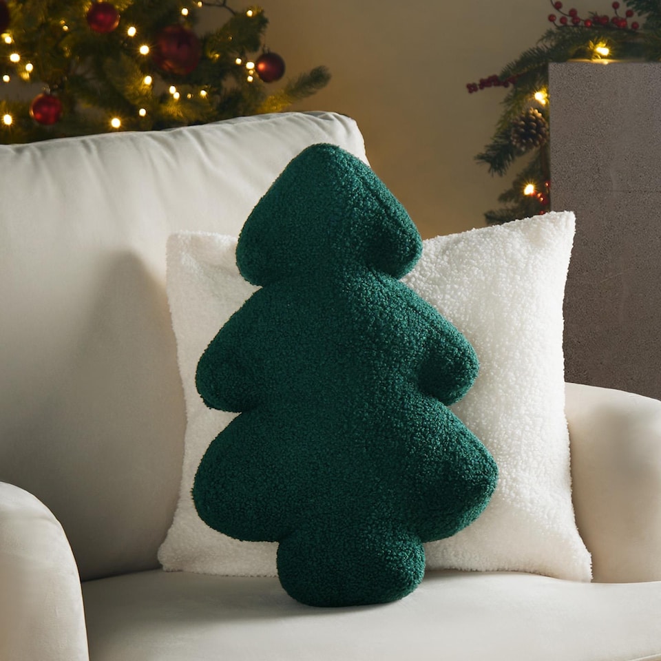 image 1 of OHS 2 x Christmas Tree Winter Soft Plush Fleece Filled Cushion | Green