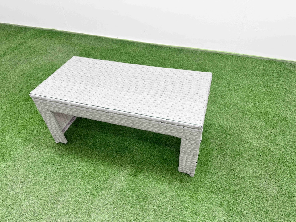 image 1 of Fimous PE Wicker Rattan Furniture Sofa Sets with Oblong Coffee Table Love Sofa Reclining Chair 2 Side Table 4 Stools Light Grey Mixed