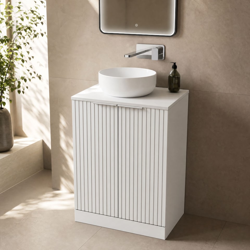 image 1 of Callingwood Contemporary Floor Standing 2 Door Vanity Unit with Laminate Worktop , 600mm, Matt White