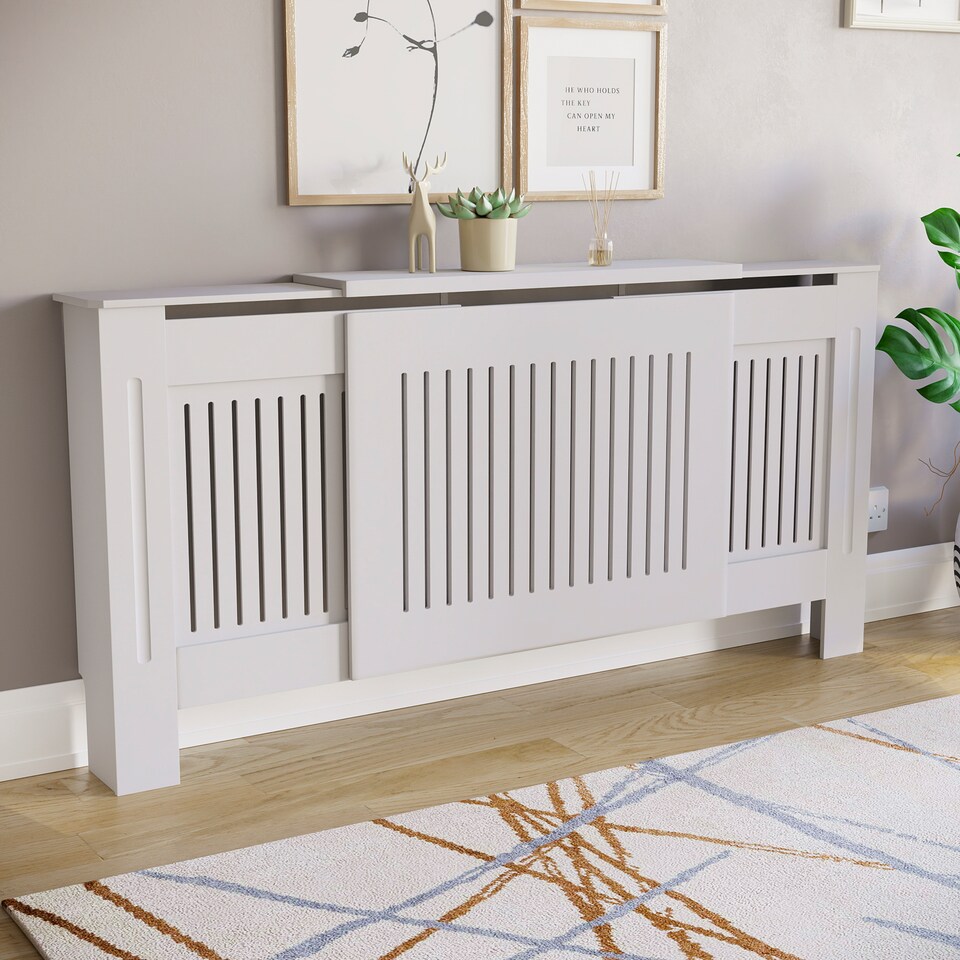image 1 of Vida Designs Chelsea Radiator Cover Painted MDF Slatted Cabinet, White, 140-204cm