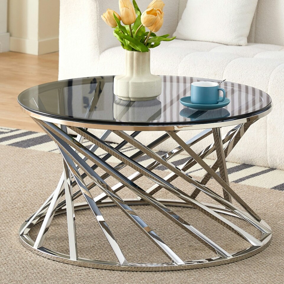 image 1 of Round Metal Coffee Table With Tinted Glass In Silver