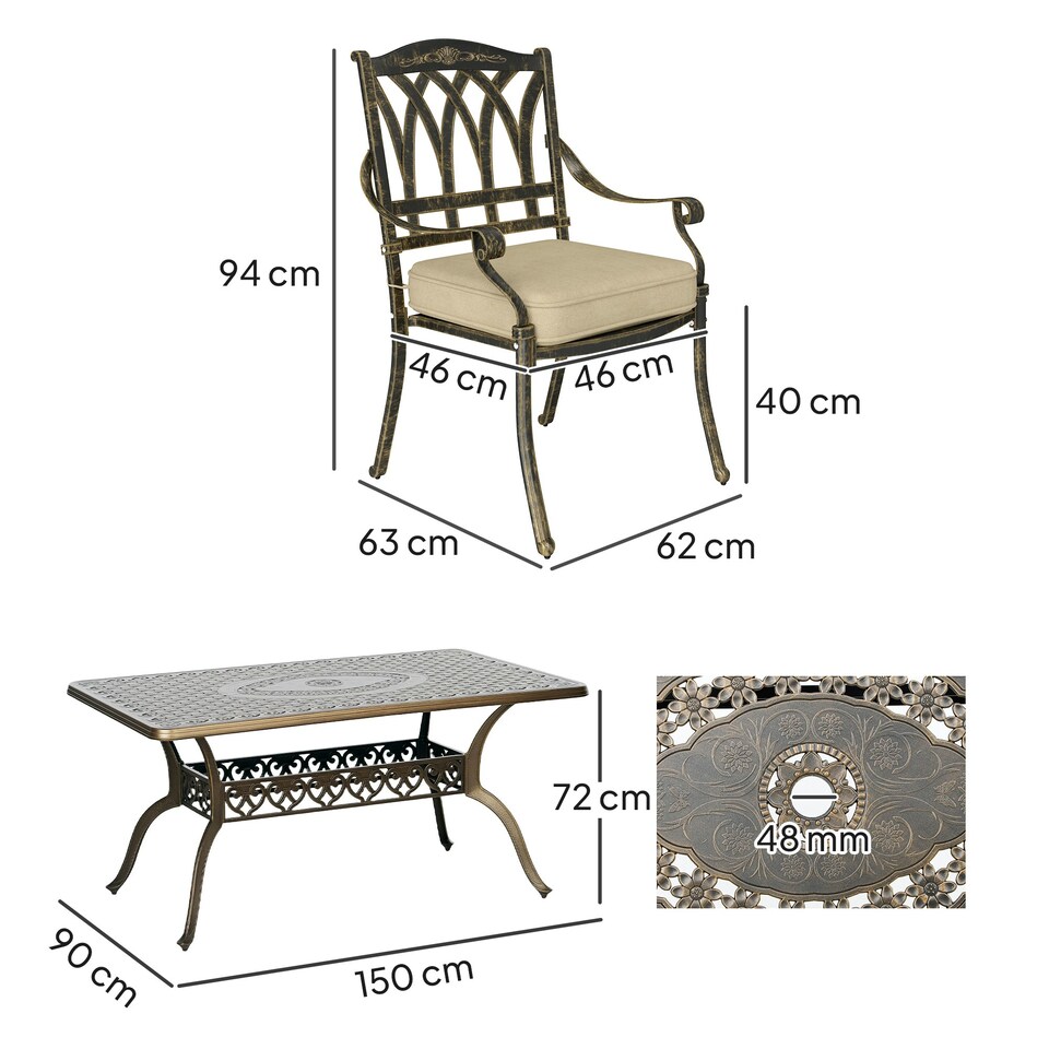 image 1 of Outsunny 7 Pieces Cast Aluminium Garden Dining Set with Parasol Hole Bronze