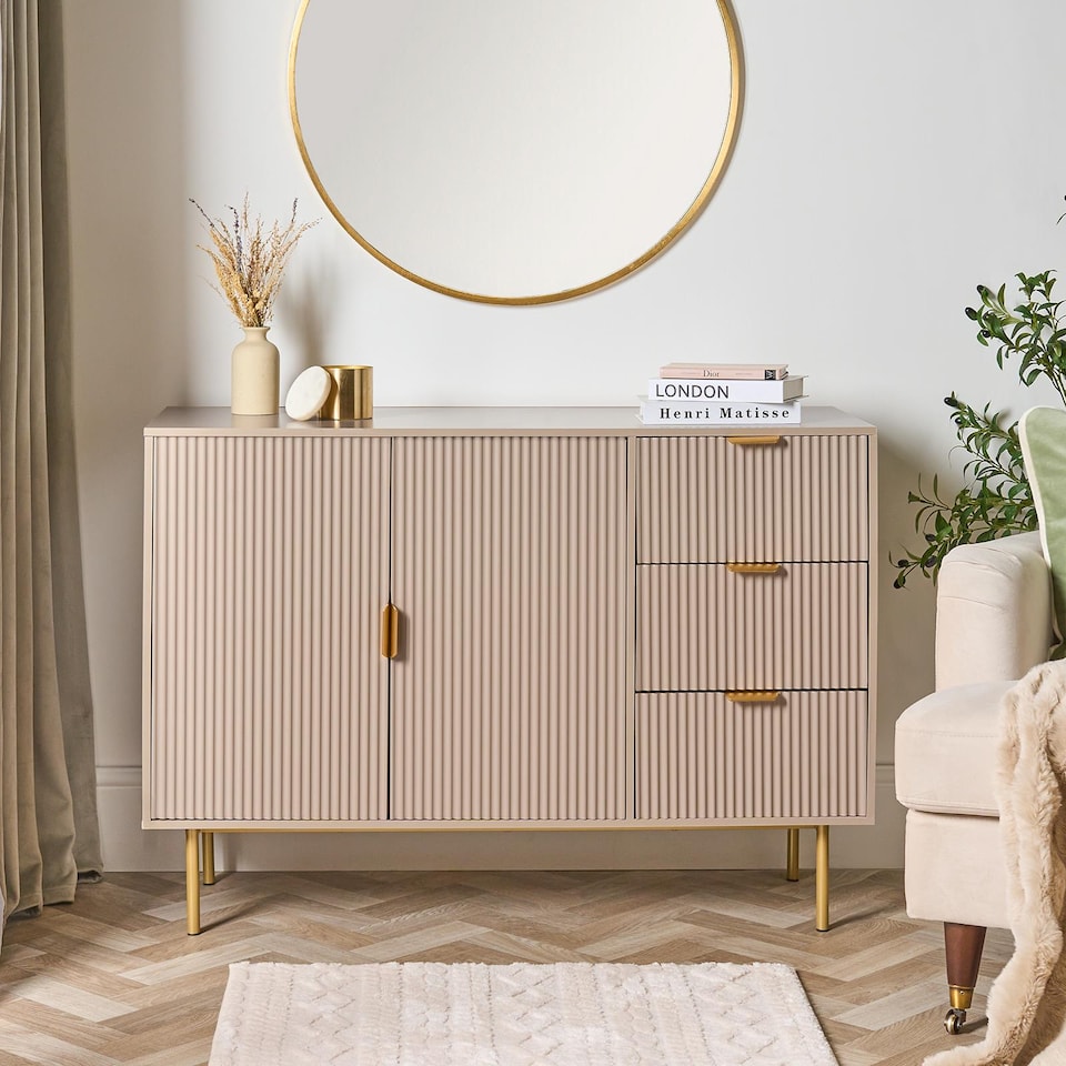 image 1 of OHS Ribbed Sideboard Table Modern Drawer Shelf Cabinet Storage | Bronze | Natural