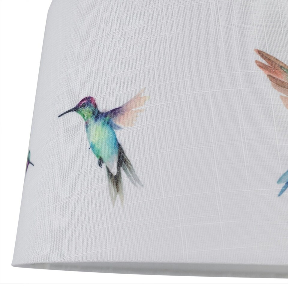 image 1 of First Choice Lighting Set of 2 Hummingbird Chrome Tripod Table Lamps with Linen Bird Print Shades Chrome | Multi