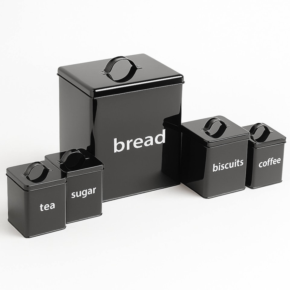image 1 of 5pc Black Kitchen Canister Set Bread Biscuits Tea Sugar Coffee | Black