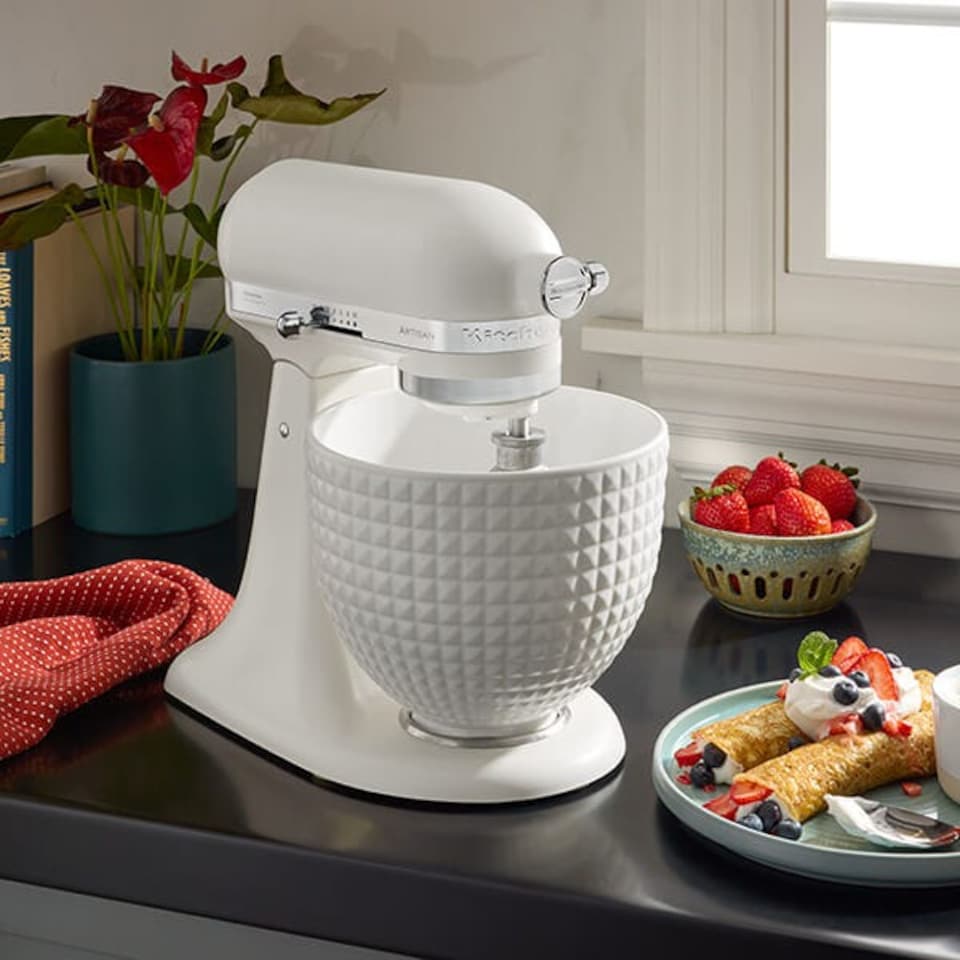 image 1 of KitchenAid Artisan Mixer 156 Monochrome White with Ceramic Bowl & FREE Gifts