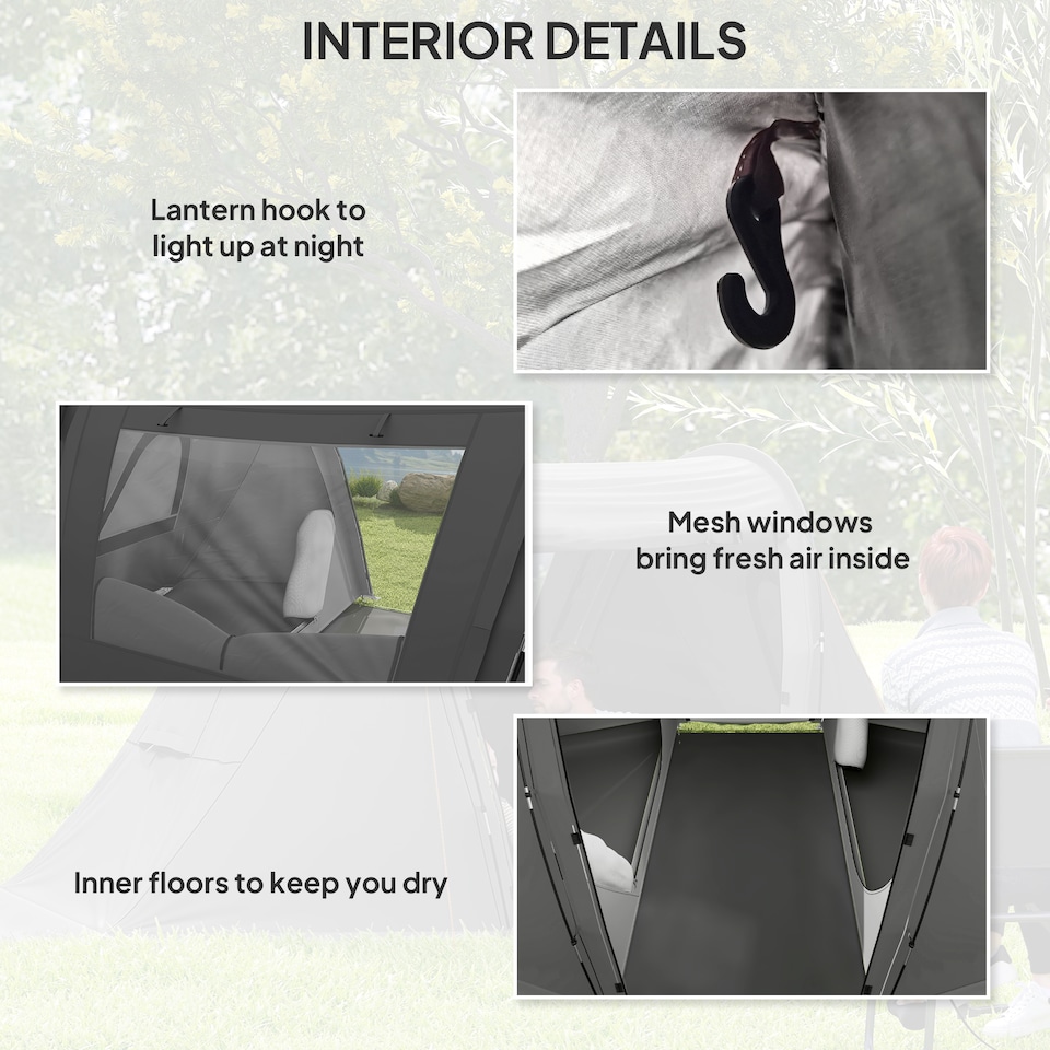 image 1 of Outsunny 3 Man Camping Tent with 2 Bedrooms, 3000mm Waterproof, Grey | Grey | Dark Grey | 323L x 240W x 160H cm
