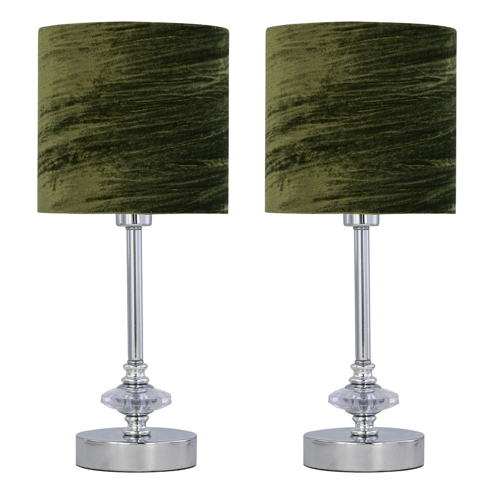 image 1 of First Choice Lighting Set of 2 Chrome Jewelled Table Lamp with Green Crushed Velvet Shades Chrome | Green