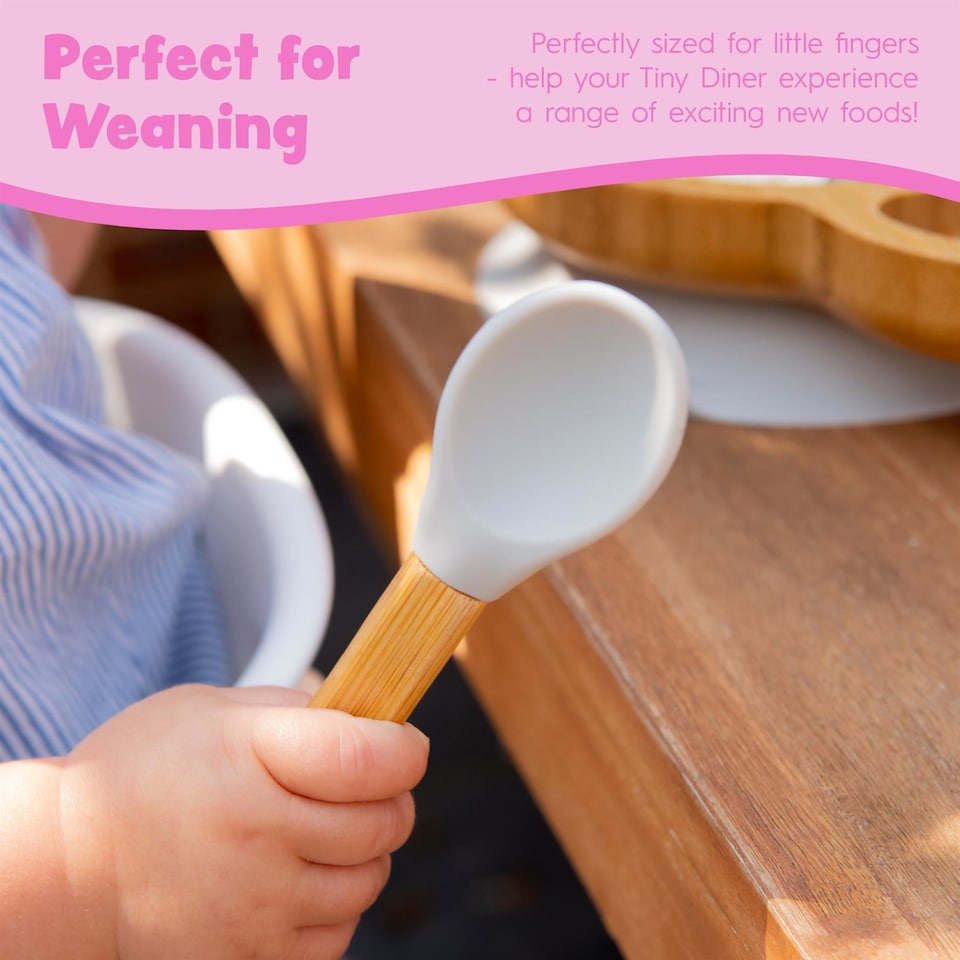image 1 of Tiny Dining Bamboo Silicone Tip Fork & Spoon Set - Cherry - Children's Baby Toddler Soft Curved Feeding Weaning Cutlery