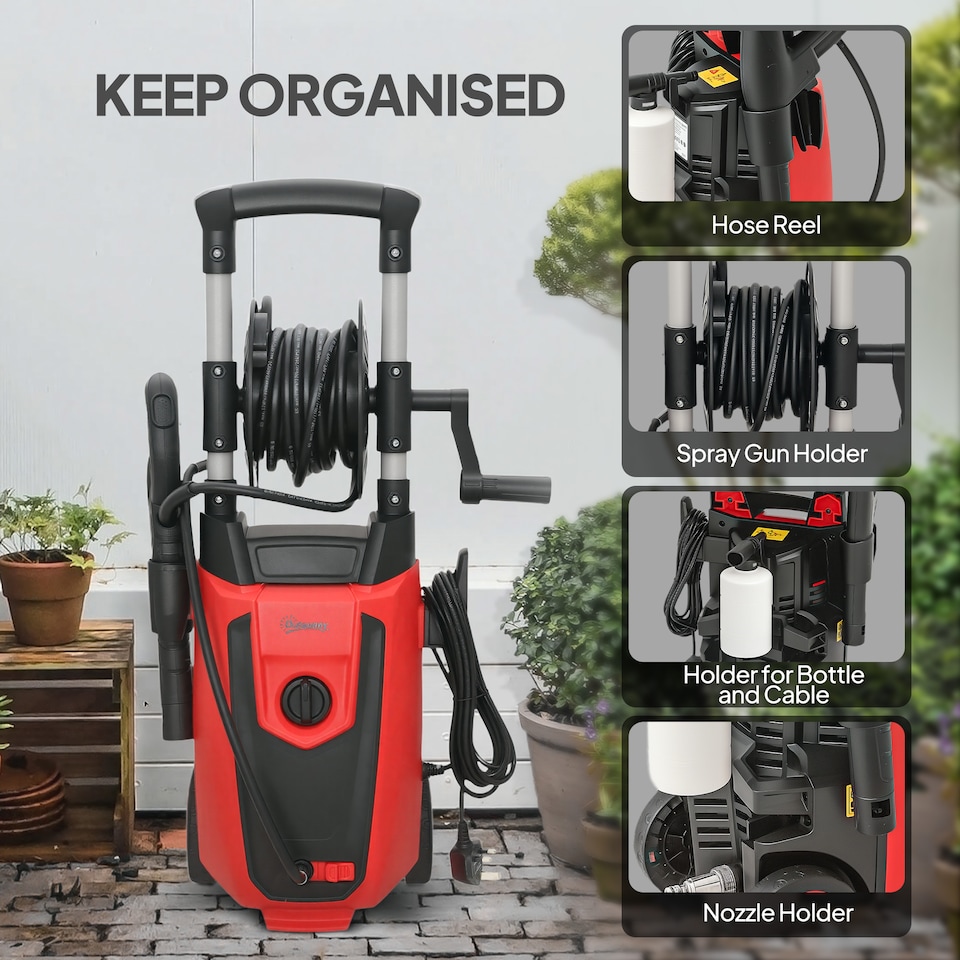 image 1 of Outsunny 1800 W Power Washer 150 Bar Pressure with Adjustable Nozzle, Red | Red
