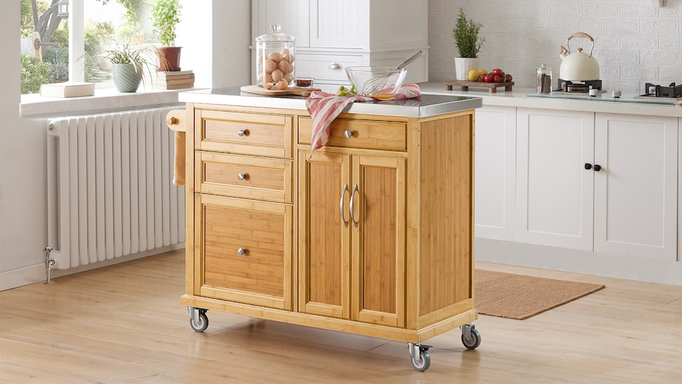 image 1 of SoBuy Kitchen Storage Trolley with Stainless Steel Top, Bamboo, 45.3x18.1x36.2 in, 23.9 kg - FKW70-N