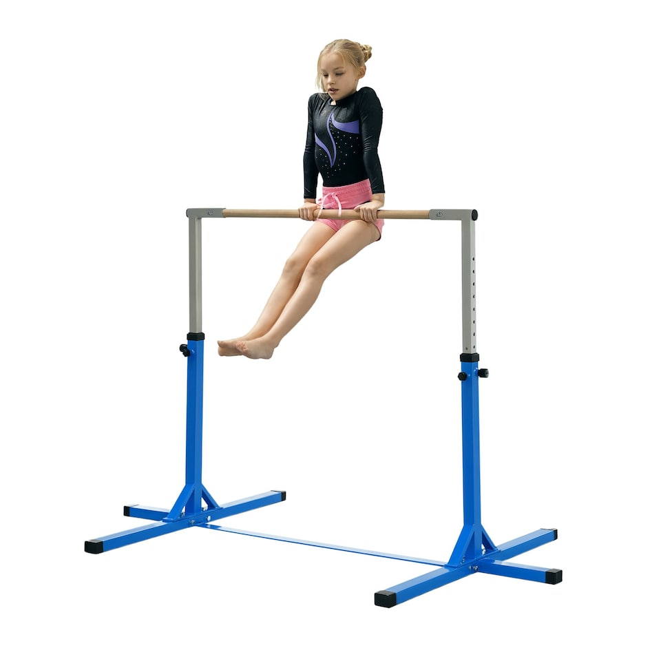 image 1 of HOMCOM 92-150Hcm Adjustable Kids Gymnastics Bar w/ Steel frame, Blue