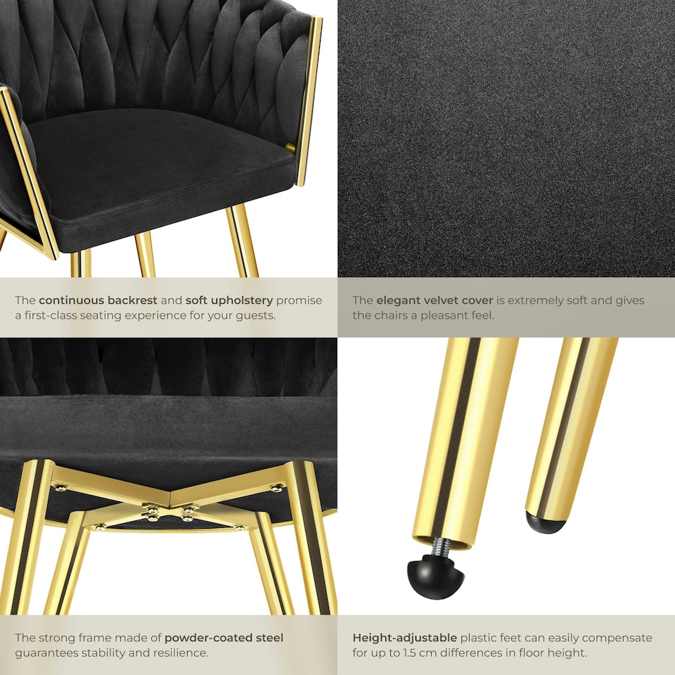 image 1 of Dining Chair Astano - padded, velvet, knot design, continuous backrest - Set of 2 Black | Black/Gold