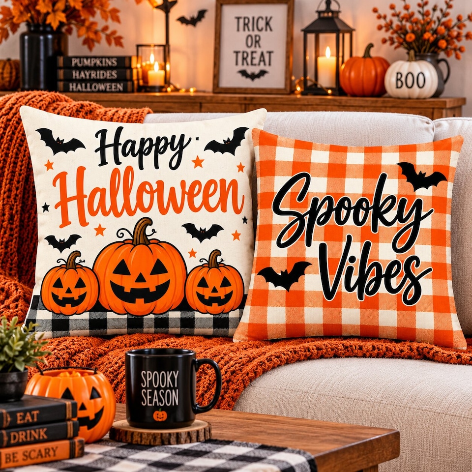 image 1 of Covers&All Halloween Decorative Square Throw Pillow Set of 2 with Inserts & Covers Accent Pillows for Sofa, Couch & Home Décor, Square 16 in x 16 in
