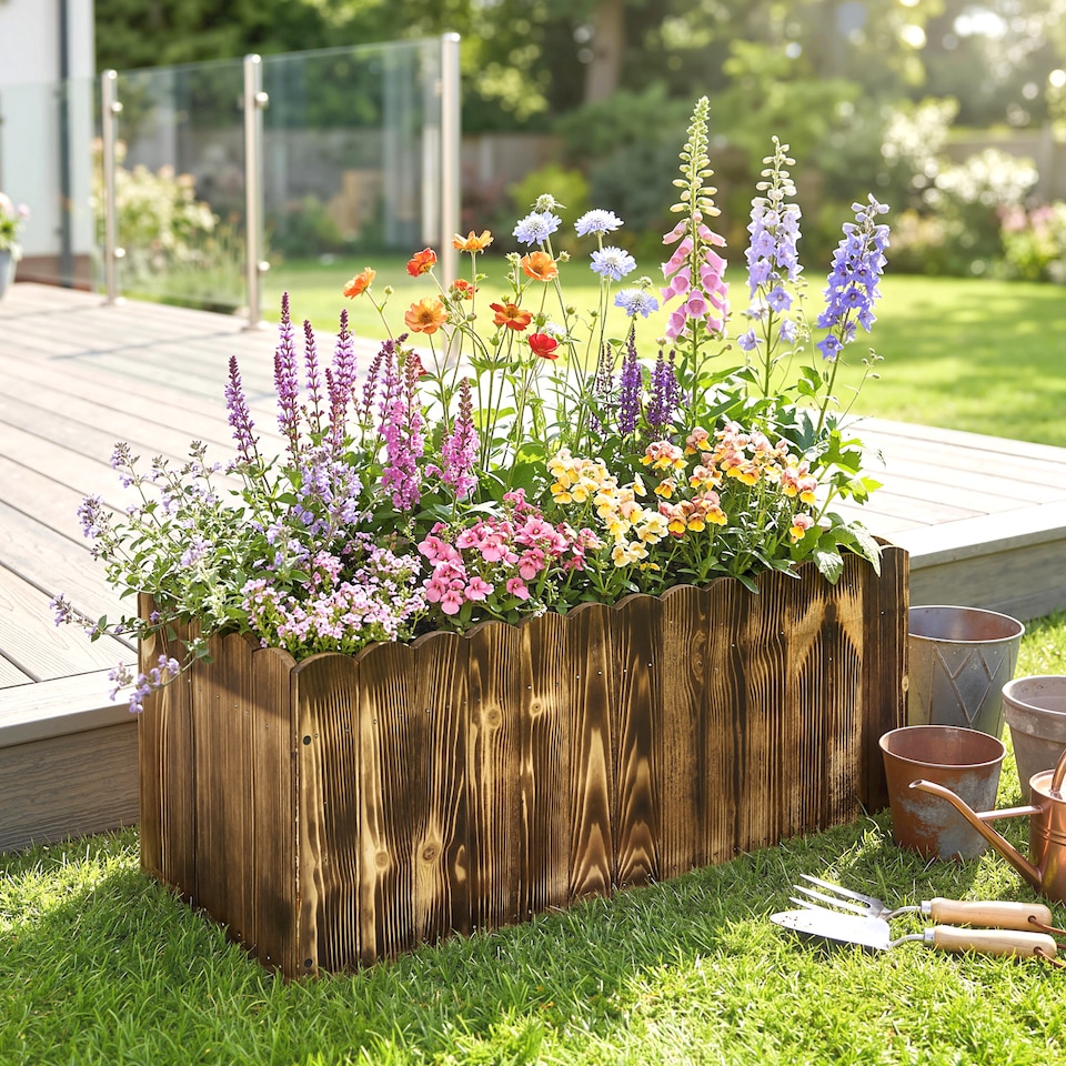 image 1 of Outsunny 70L Wooden Rectangle Garden Flower Raised Bed Pot 80L x 33W x 30H cm | Brown | Natural wood colour