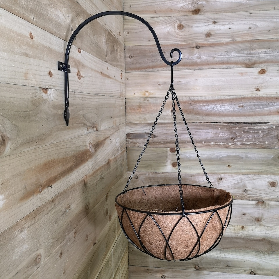 image 1 of Pack of 2 Tom Chambers Heavy Duty Handcrafted Metal 38cm Black Wall Bracket Hook For Garden Hanging Basket Bird Feeder | Black | Black