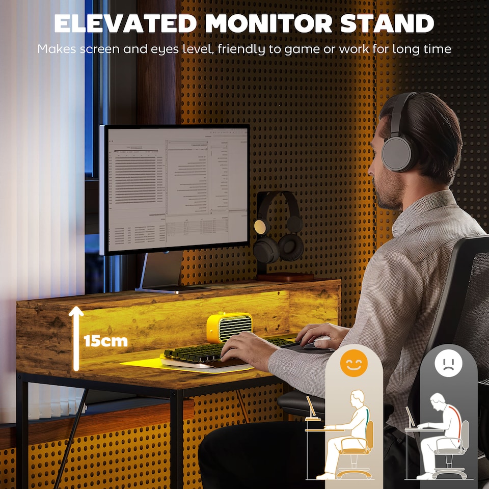 image 1 of HOMCOM 100cm Computer Desk with LED Lights and Power Outlets, Gaming Desk with Monitor Stand, Computer Table with Remote for Home Office Study, Rustic Brown