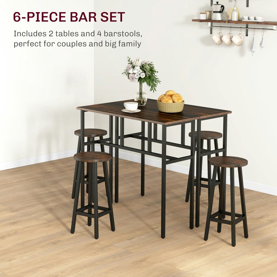 image 1 of HOMCOM 6-Piece Industrial Bar Table Set, 2 Kitchen Tables with 4 Stools, Brown