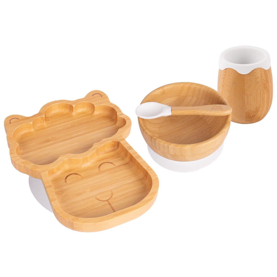image 1 of Tiny Dining 4pc Llama Bamboo Suction Baby Feeding Set - White