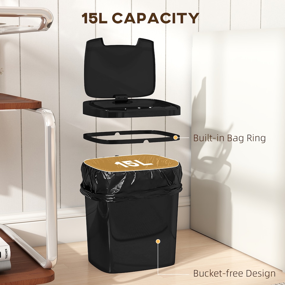 image 1 of HOMCOM 15L Sensor Bin, Automatic Touchless Kitchen Bin, Battery Operated