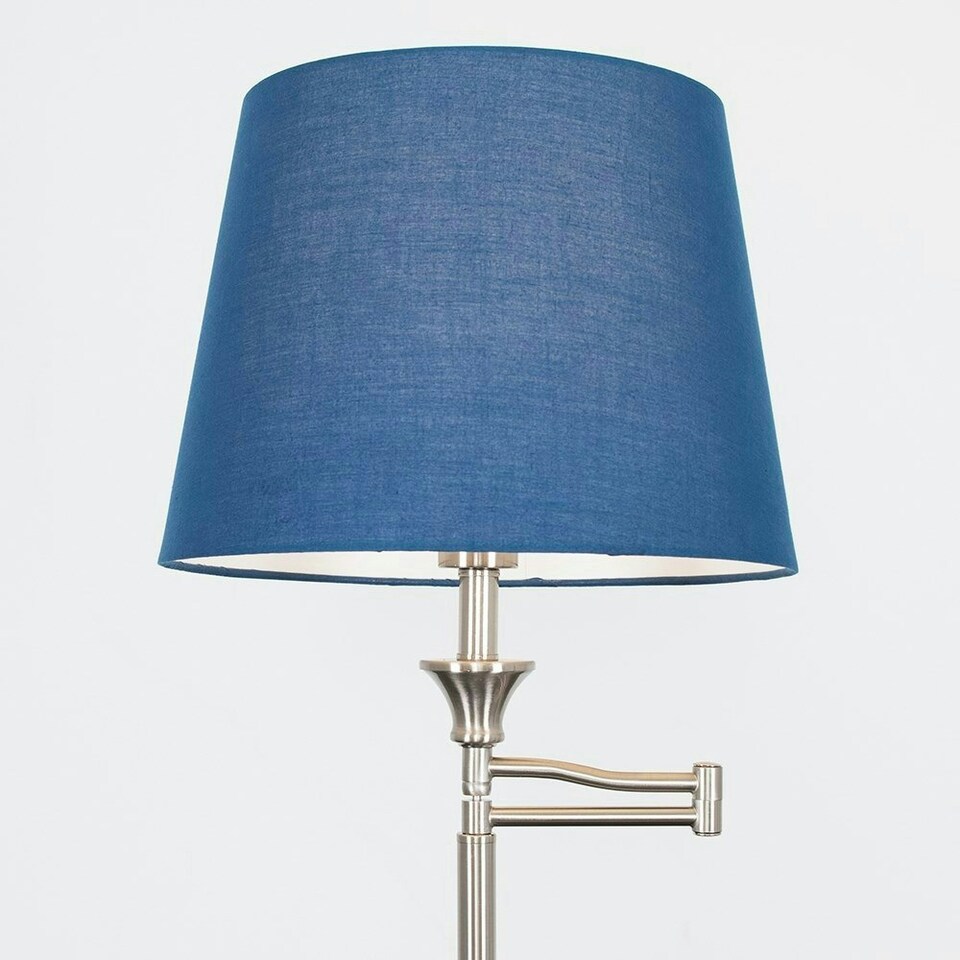 image 1 of ValueLights Sinatra Adjustable Swing Arm Floor Lamp In Brushed Chrome Finish with Blue Tapered Light Shade with LED GLS Bulb