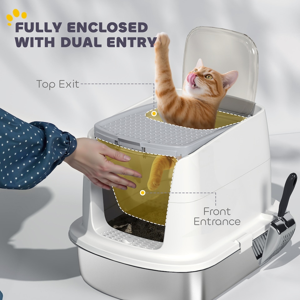 image 1 of PawHut Stainless Steel Litter Box, Enclosed Metal Cat Litter Tray with Scoop | White | One Size