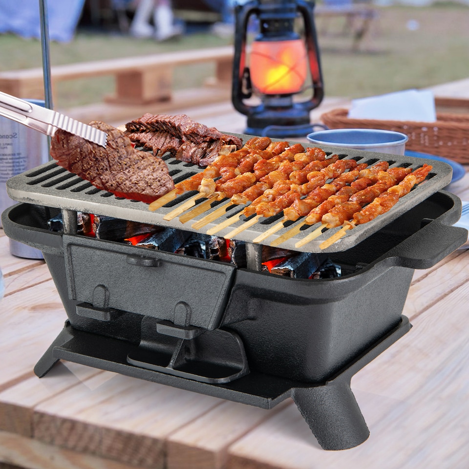 image 1 of COSTWAY 100% Cast Iron Hibachi Grill Portable Charcoal Grill