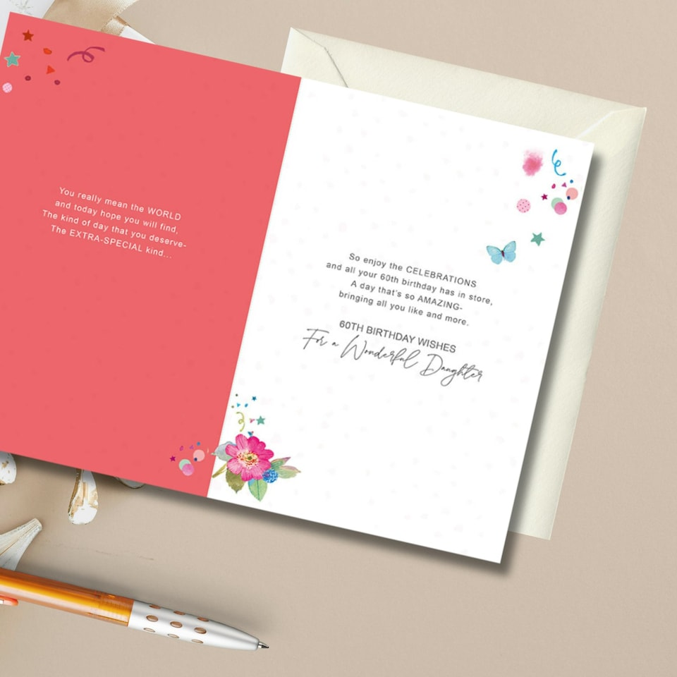 Words 'n' Wishes Daughter's 60th Birthday Card, Floral Design with Champagne and Cake, Gold Foil Finish