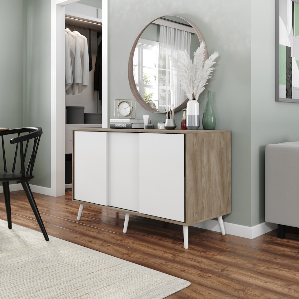 image 1 of URBNLIVING Oak Carcass 3 Door Sliding Storage Cabinet | Multi | White Doors & White Legs | 1