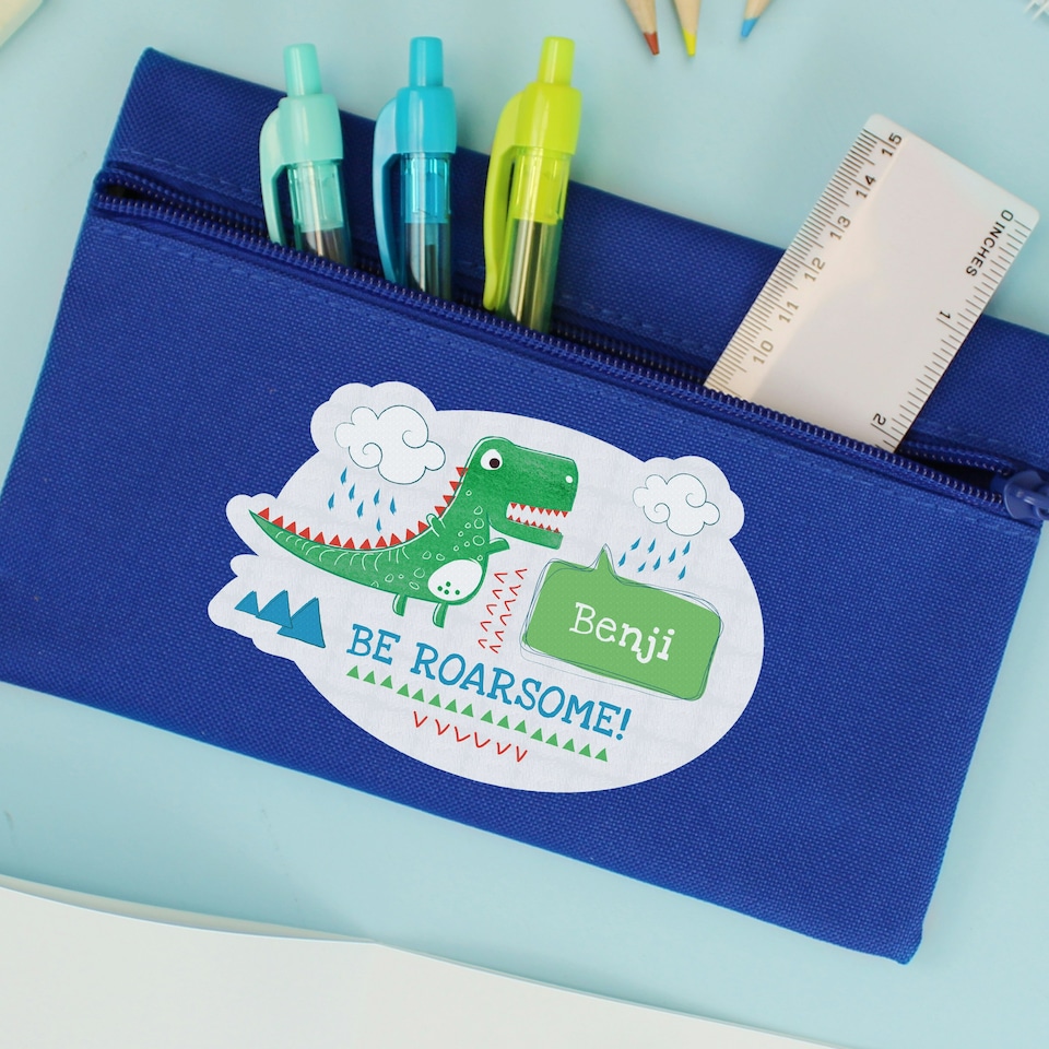 image 1 of Personalised 'Be Roarsome' Dinosaur Blue Pencil Case | Blue