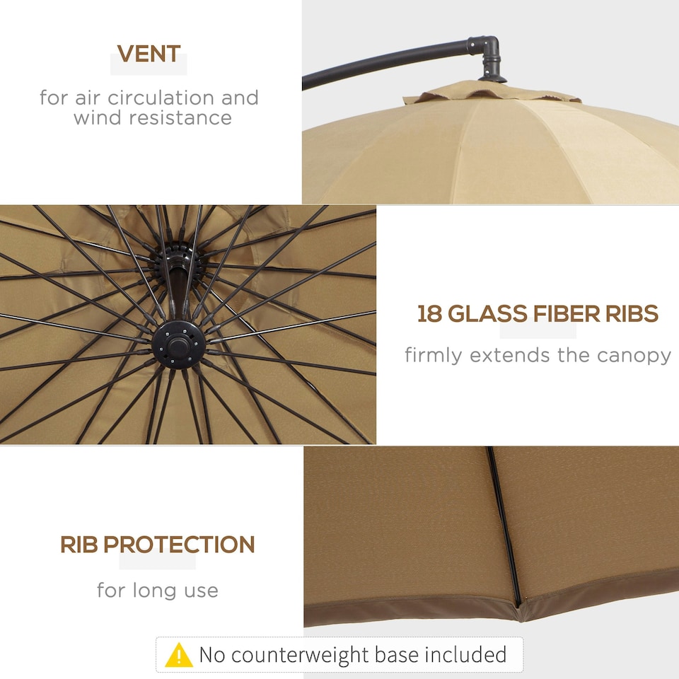 image 1 of Outsunny 3(m) Cantilever Shanghai Parasol w/ Crank Handle, Cross Base, Khaki