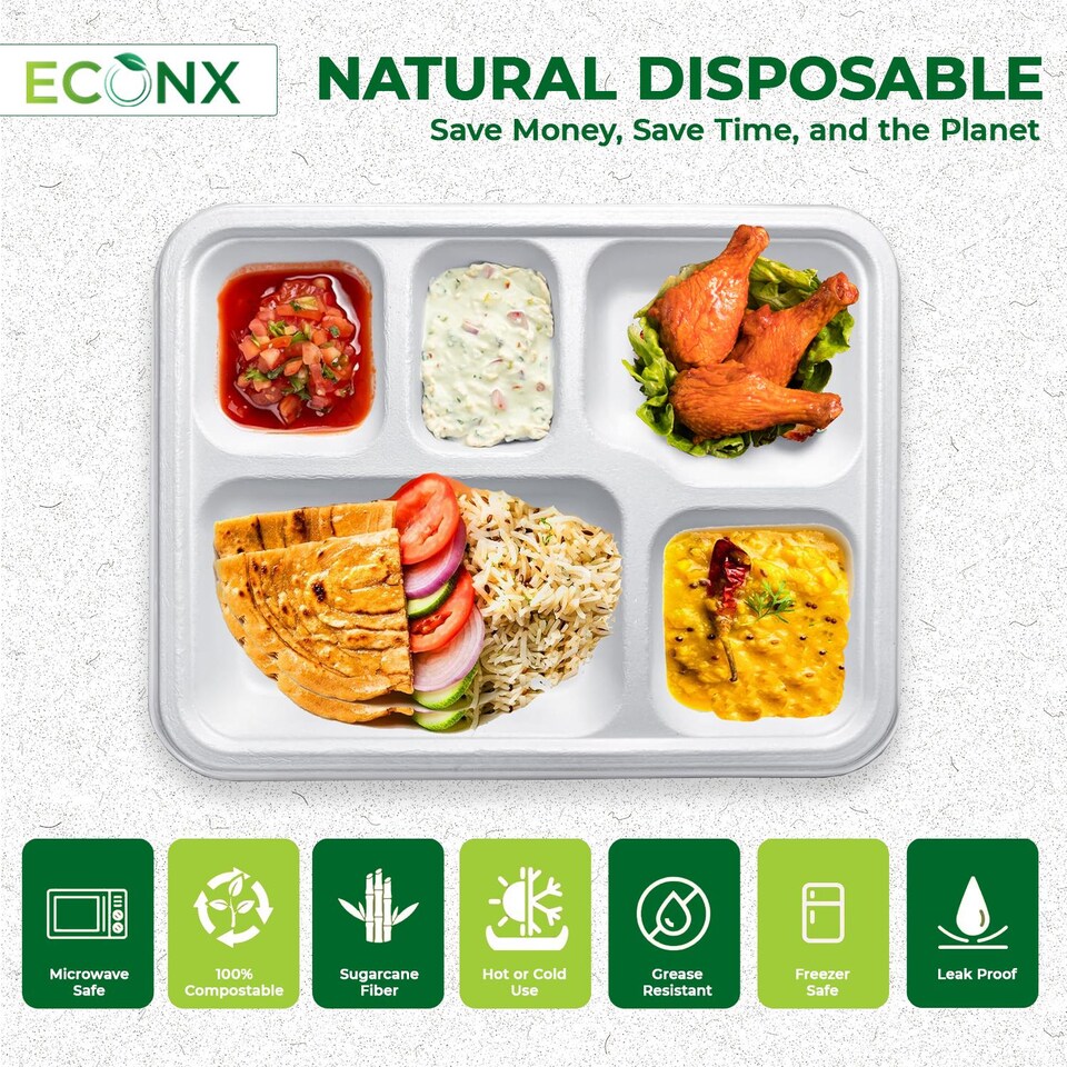 image 1 of ECONX Bagasse Deep 5 Compartment Food Tray Plate Disposable Sugarcane Paper Plate 50pc