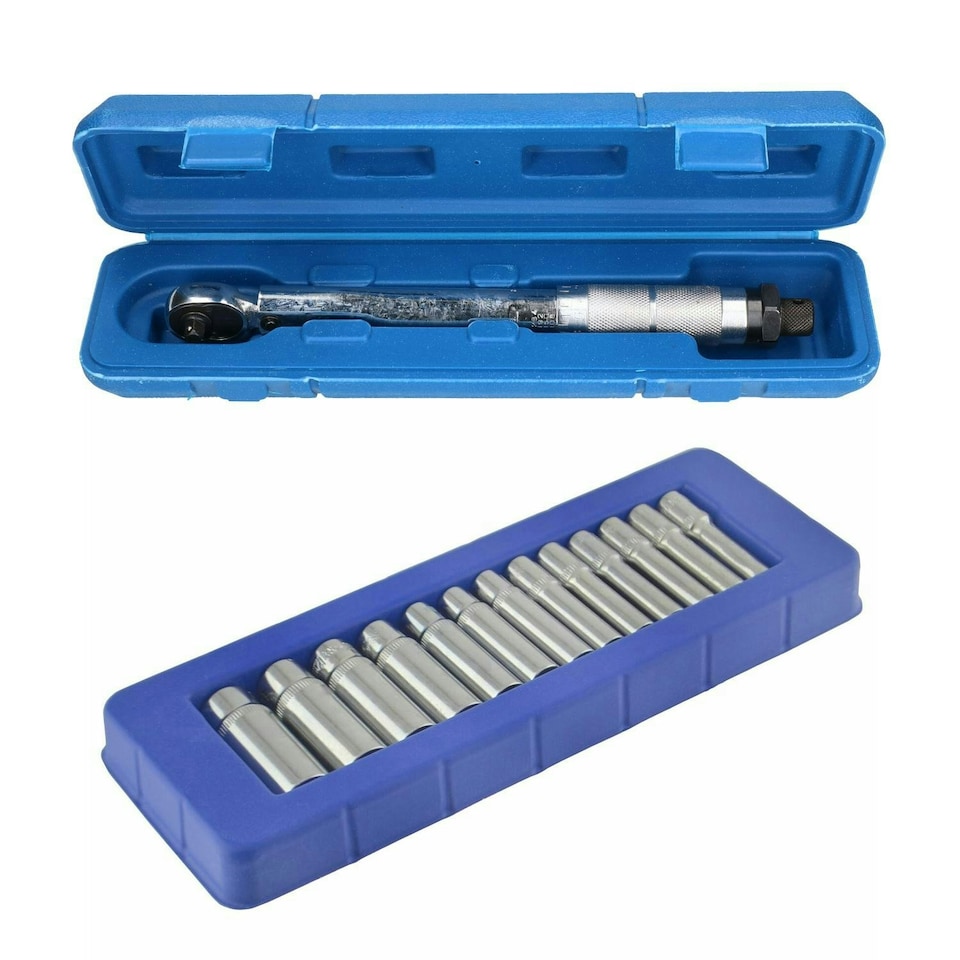 image 1 of 1/4" Drive Torque Wrench 5 - 25 Nm + Metric 6 Sided Deep Sockets 4 - 14mm
