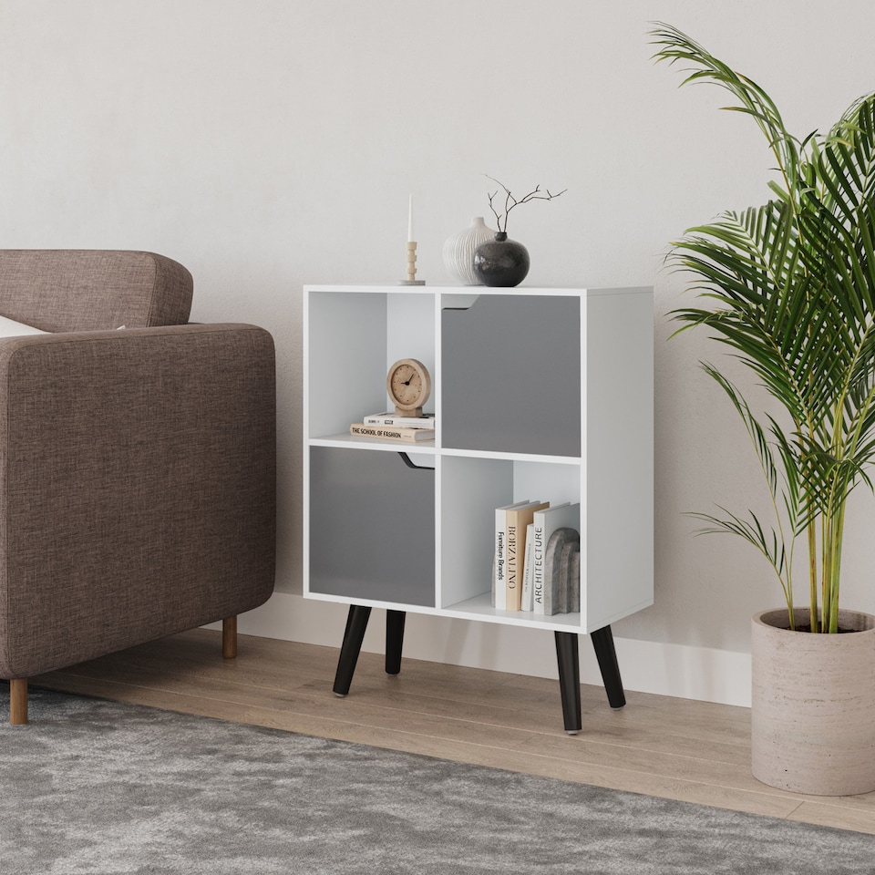 image 1 of White 4-Cube Storage Unit with 2 Wooden Doors and Legs | Grey | Grey & Black | 1