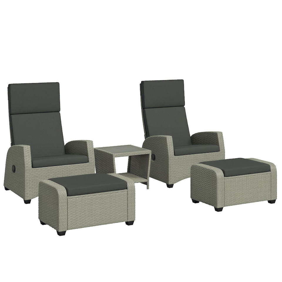 image 1 of Outsunny 5 PCs Rattan Garden Furniture Set with Reclining Chairs, Grey