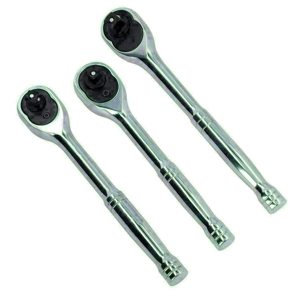 image 1 of 3pc Mixed Drive Ratchets 100 Teeth Quick release Socket Driver 1/4" 3/8" 1/2"