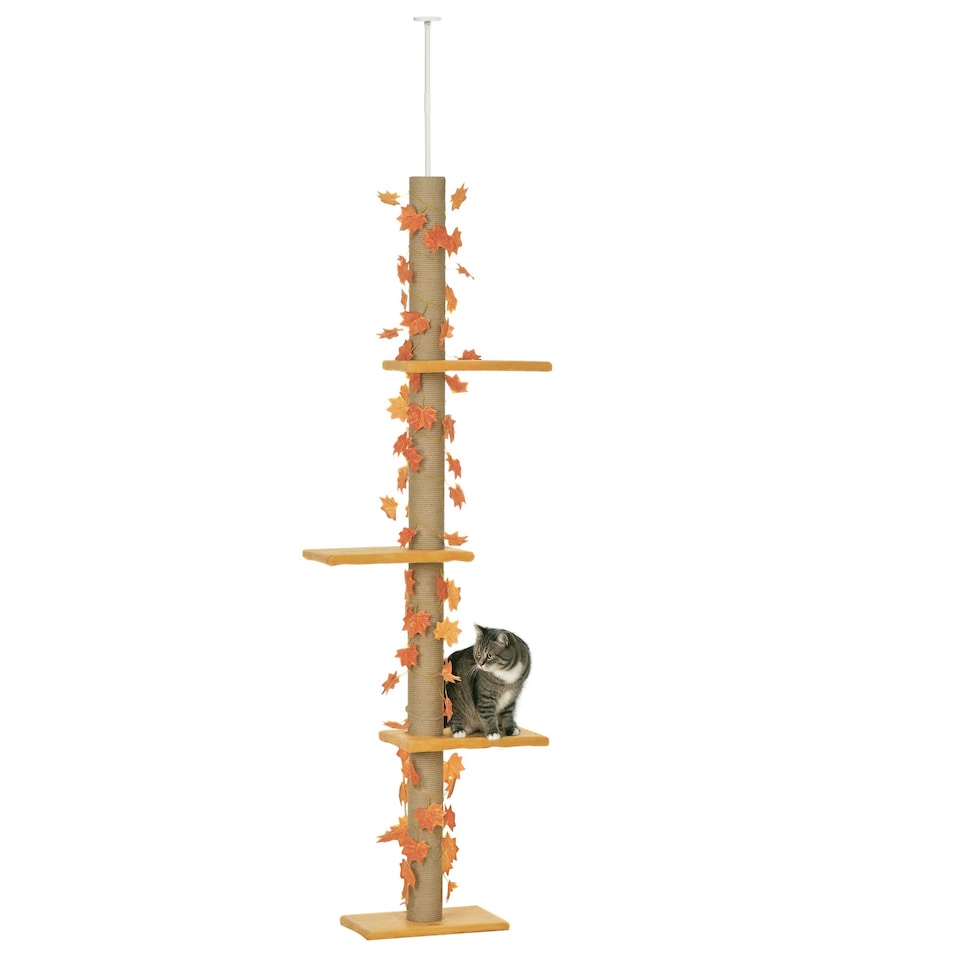 image 1 of PawHut 242cm Floor to Ceiling Cat Tree with Leaves, Scratching Post, Orange