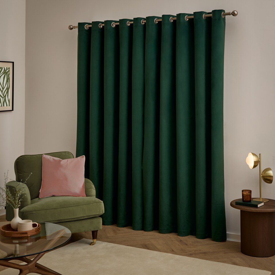 image 1 of furn. The Ultimate Velvet Blackout Eyelet Curtain Pair Emerald (W)168cmx (D)229cm | Green | Emerald | One Size