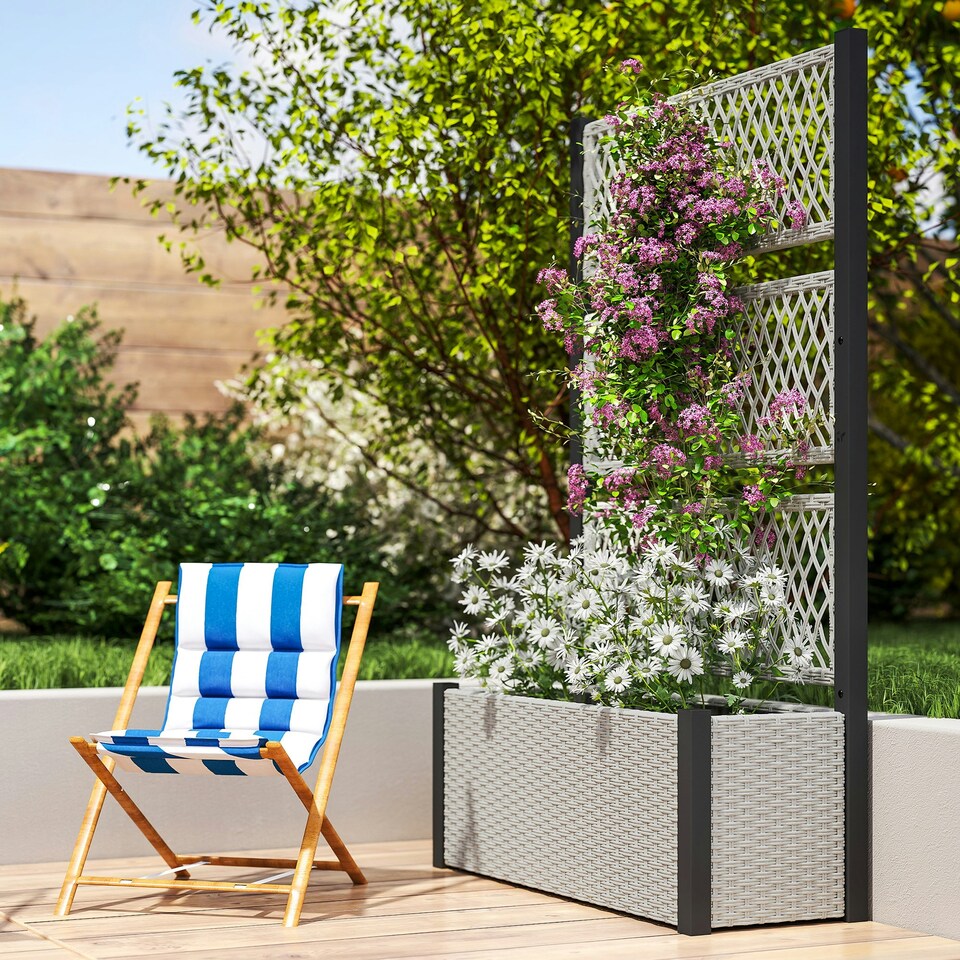 image 1 of Outsunny Garden Planter Box with Trellis, Rattan Raised Bed, Mixed-grey