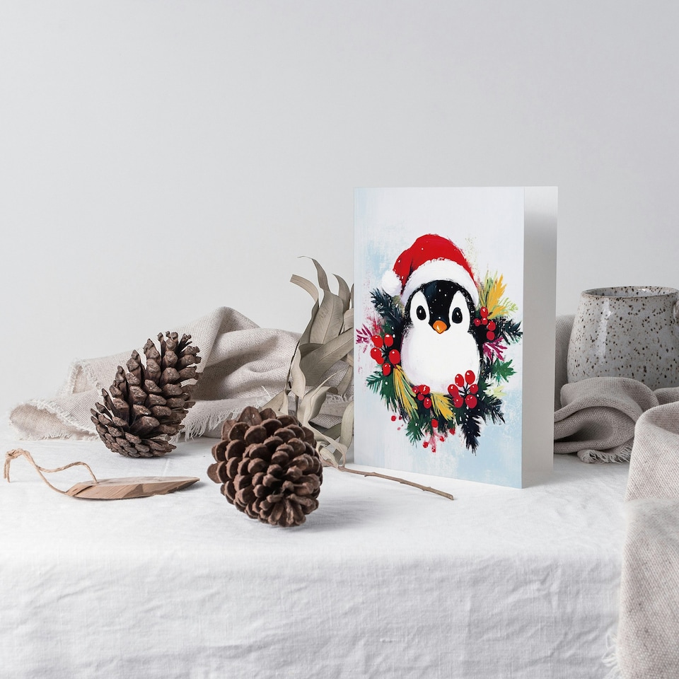 image 1 of Cute Baby Penguin With Santa Hat in Holly Wreath Blank For Him Or Her Art Christmas Card