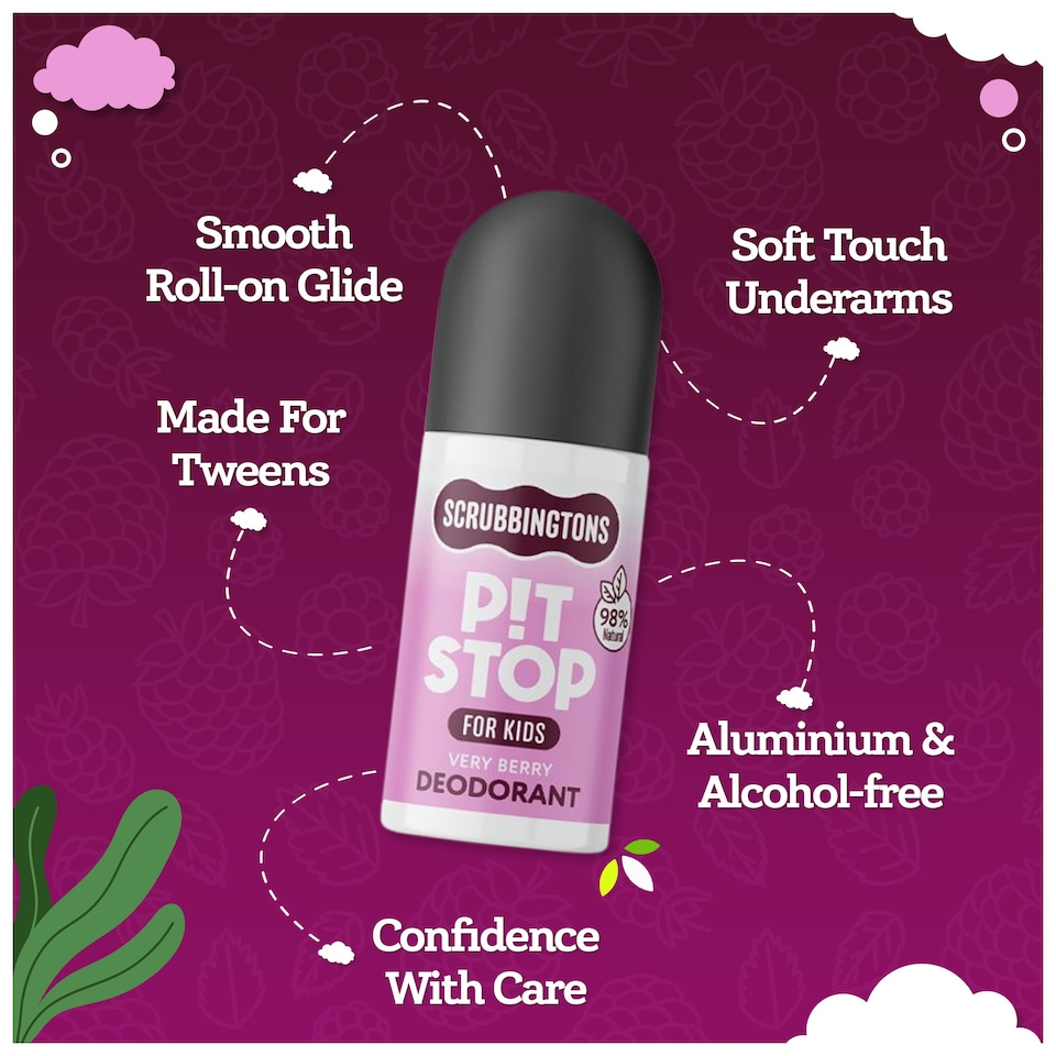 image 1 of Scrubbingtons Pit Stop Kids Deodorant Natural Roll On For Children, Teens Natural Ingredients For Sensitive Skin Paediatrician approved, Aluminium & Alcohol Free, Very Berry 75ml x 2 | White | White | 2